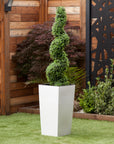 Artificial Buxus Spiral Topiary in White Planter – Faux Boxwood Tree Outdoor