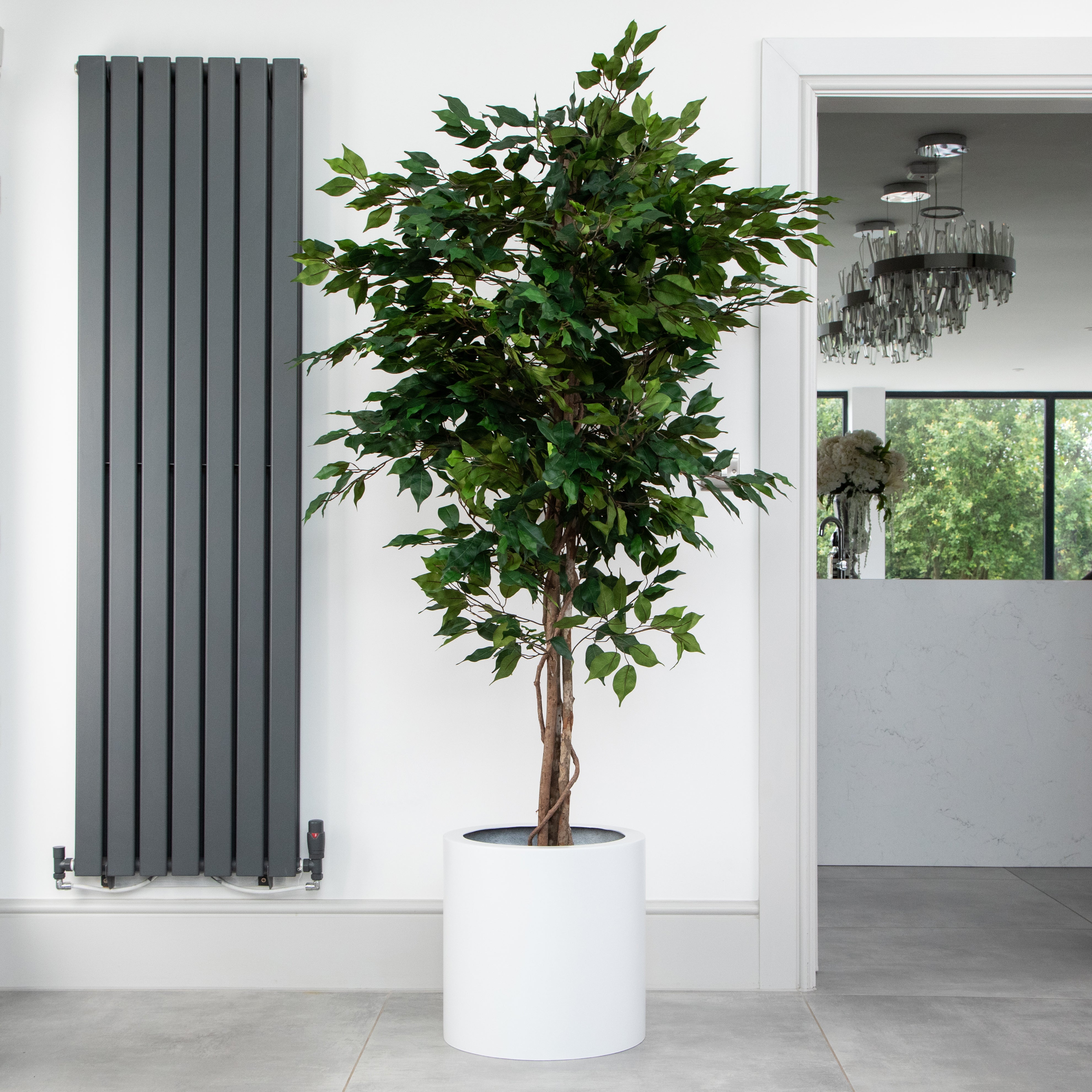 Artificial Ficus Tree in White Round Planter – Tall Faux Indoor Ficus Plant