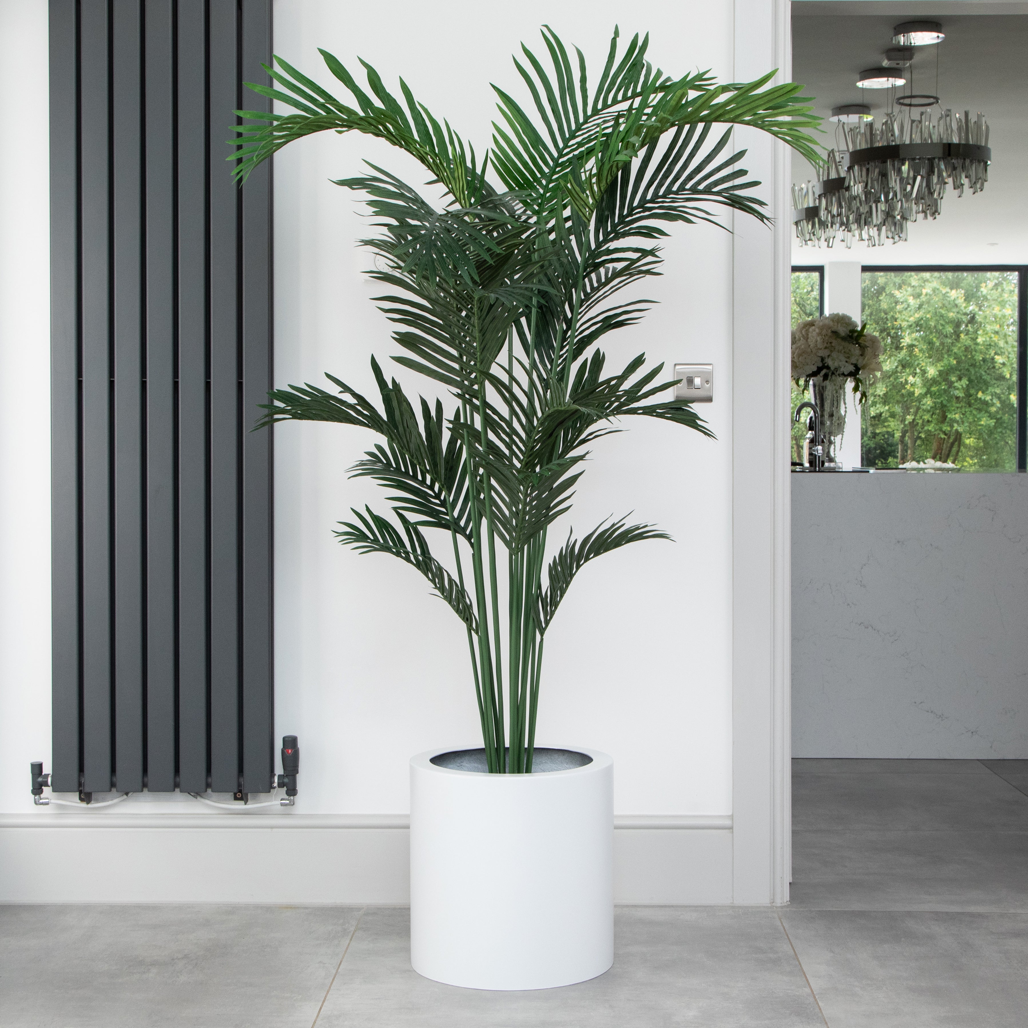 Artificial Paradise Palm Tree in White Round Planter – Tall Faux Indoor Palm Plant