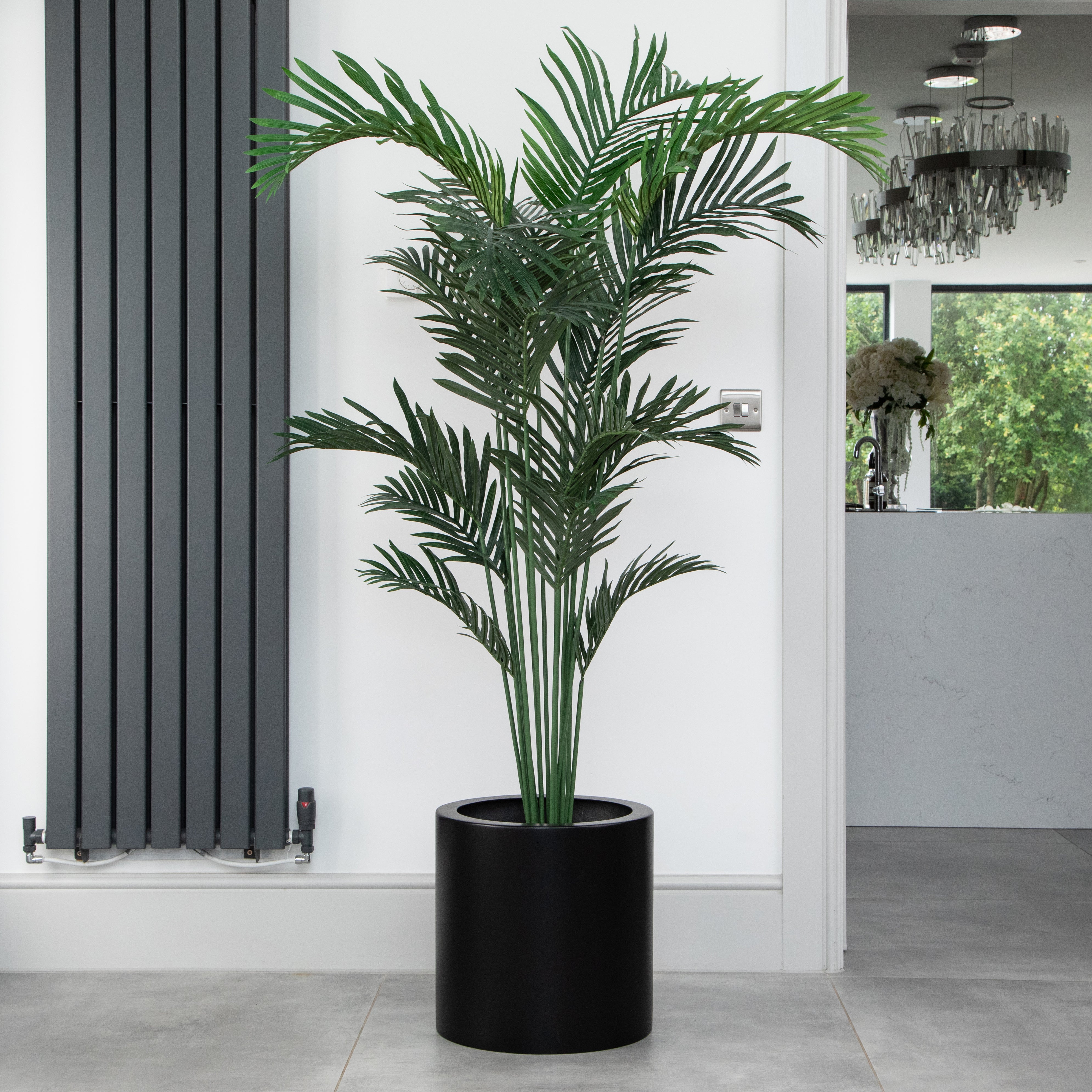 Artificial Paradise Palm Tree in Black Round Planter – Tall Faux Indoor Palm Plant