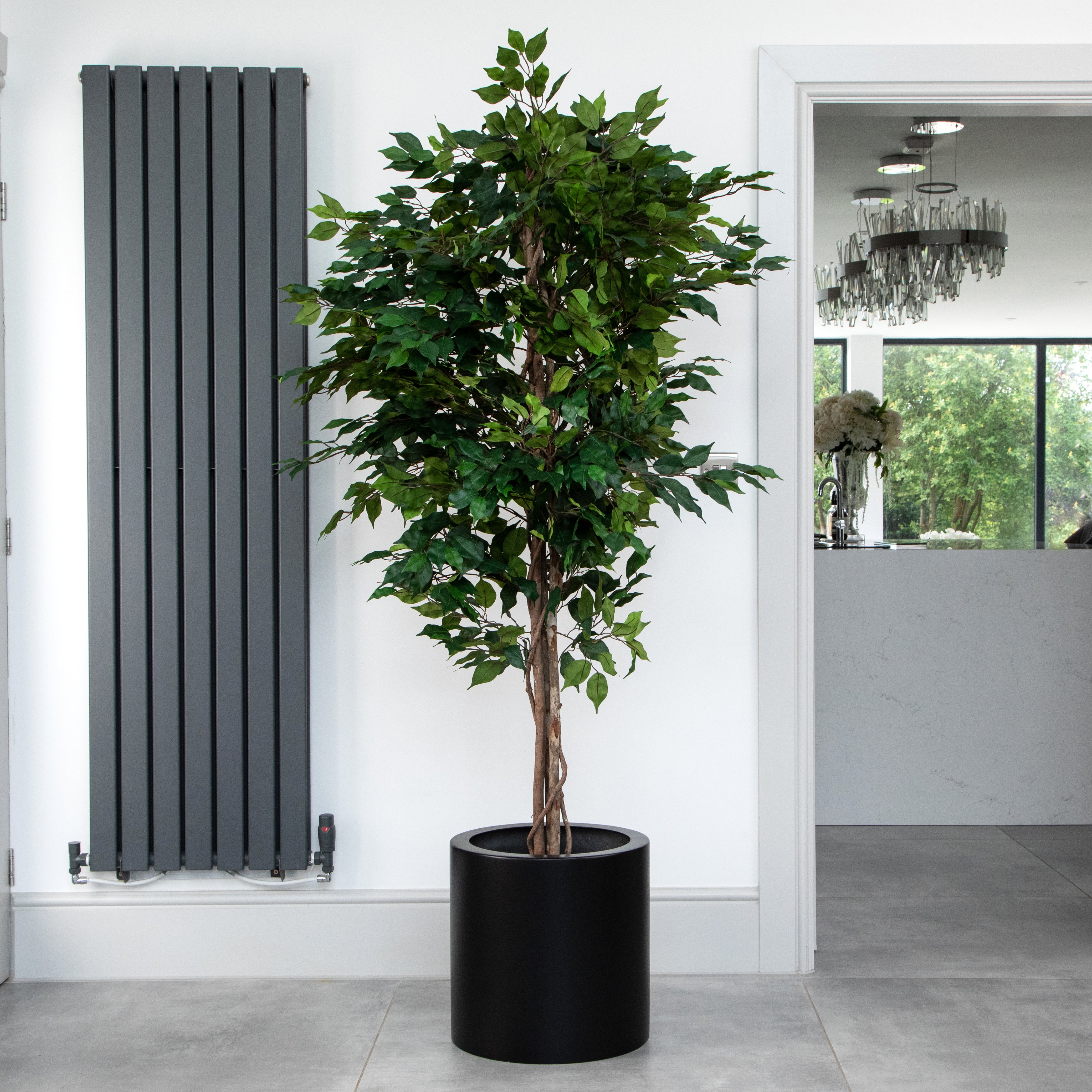 Artificial Ficus Tree in Black Round Planter – Tall Faux Indoor Ficus Plant