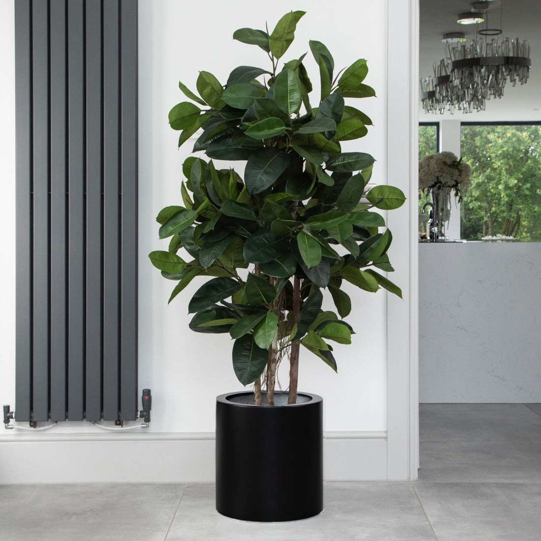 Artificial Fiddle Leaf Fig Tree in Black Round Planter – Tall Faux Indoor Plant