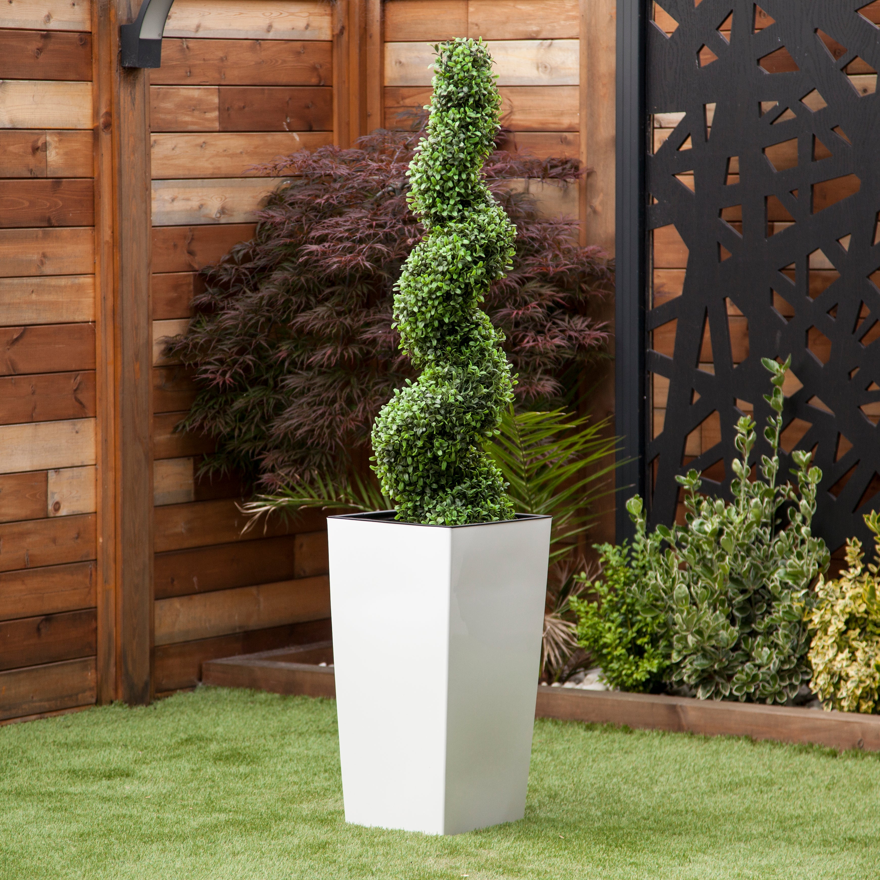 Artificial Buxus Spiral Topiary in White Planter – Faux Boxwood Tree Outdoor