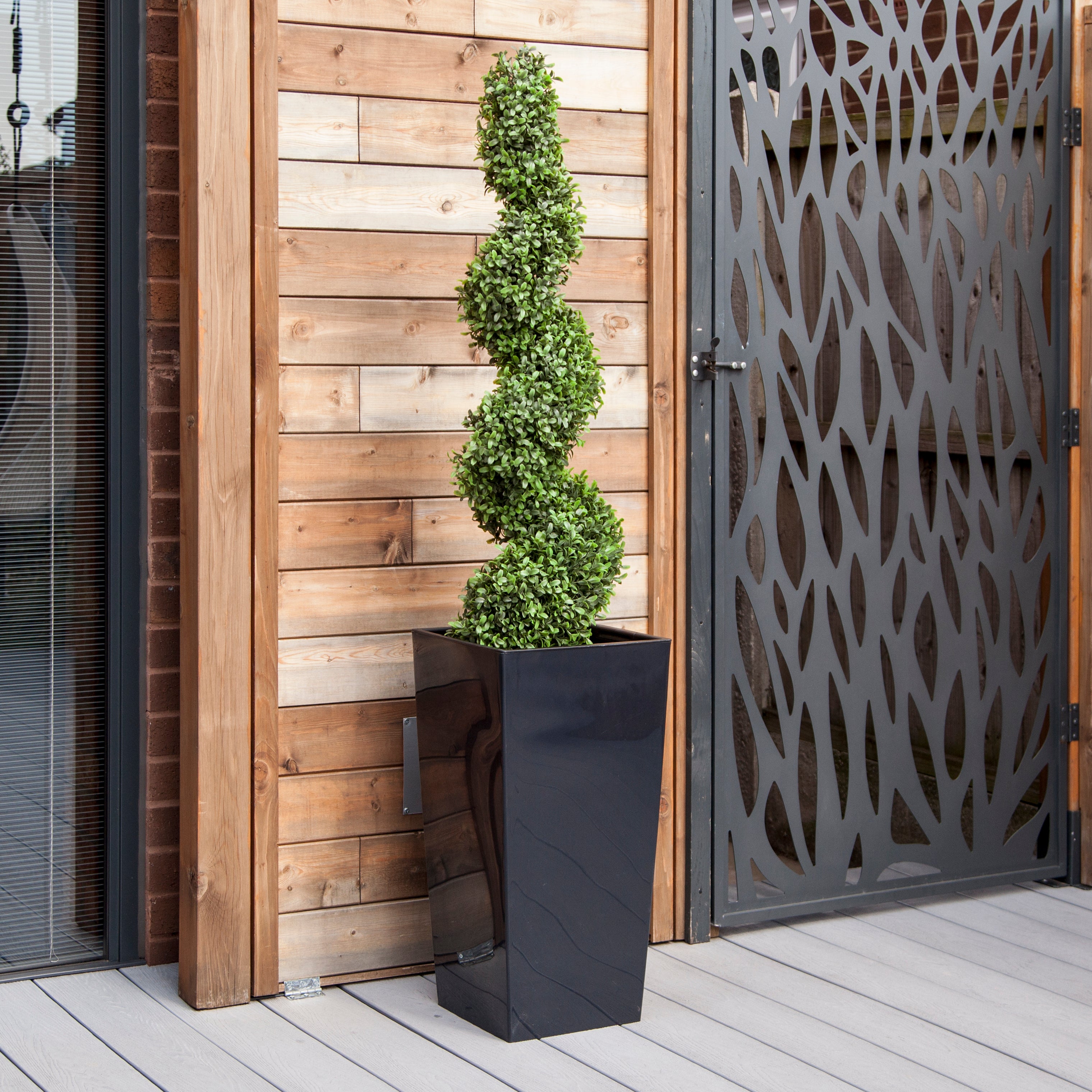 Artificial Buxus Spiral Topiary in Black Planter – Faux Boxwood Tree Outdoor