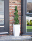 Artificial Buxus Spiral Topiary in White Planter – Faux Boxwood Tree Outdoor