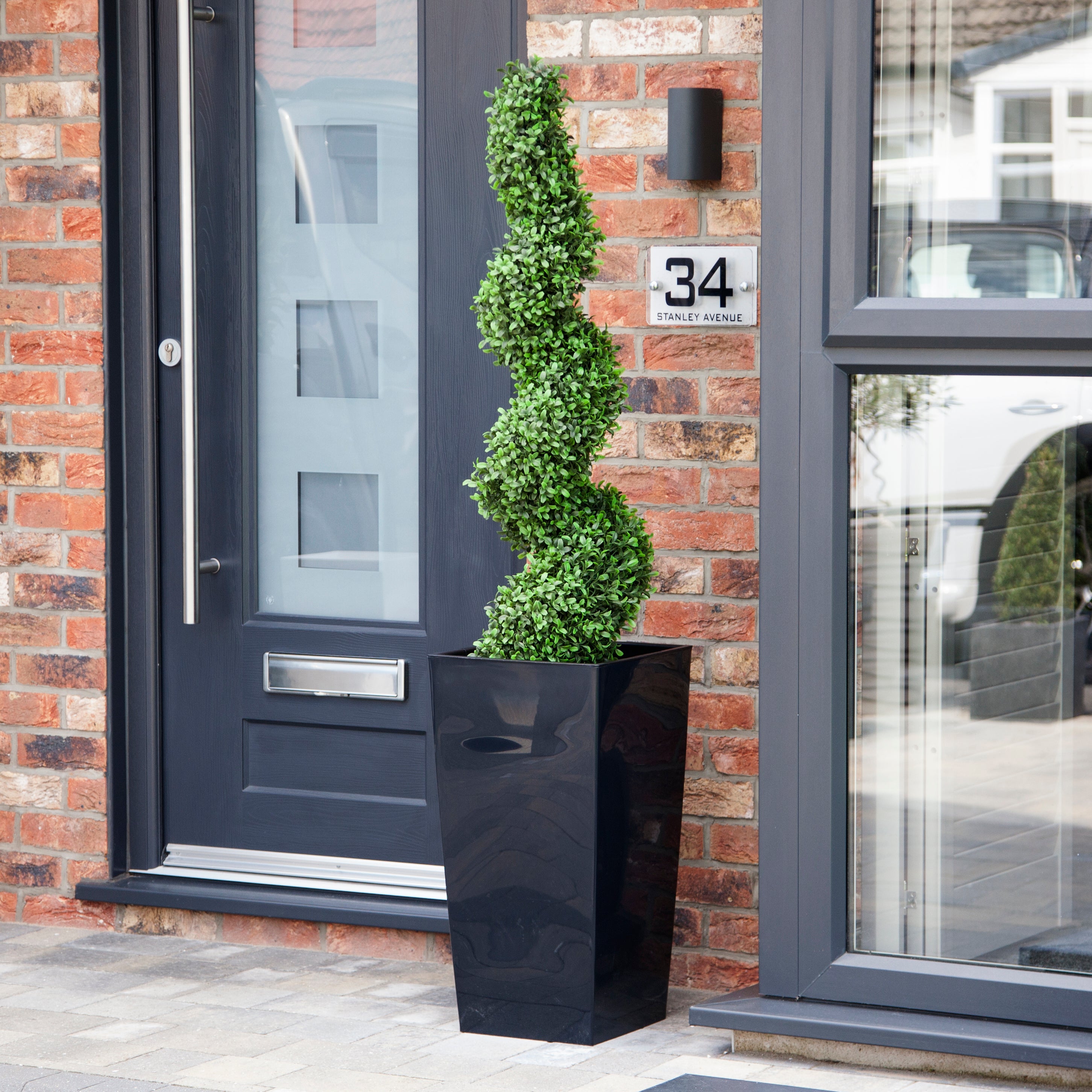 Artificial Buxus Spiral Topiary in Black Planter