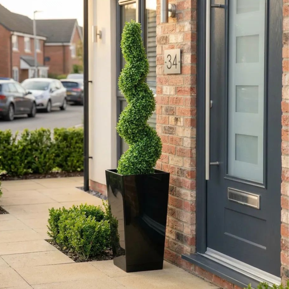 Artificial Buxus Spiral Topiary in Black Planter