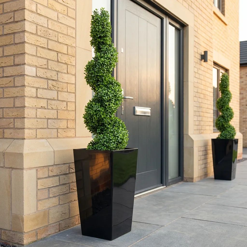 Artificial Buxus Spiral Topiary in Black Planter