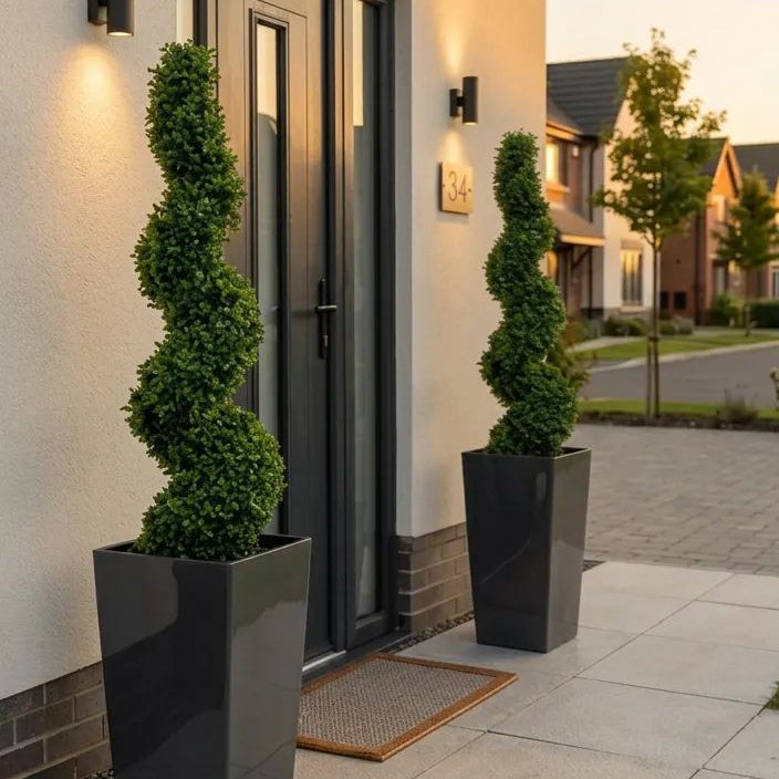 Artificial Buxus Spiral Topiary in Black Planter (PAIR)